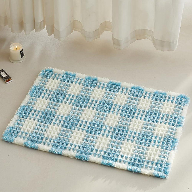 Waffle Bath Mat, Boho Bathroom Rugs Non Slip Washable Absorbent Checkered Bathroom Mat Quick Dry Cute Bath Mat, 24"x16" Blue and White