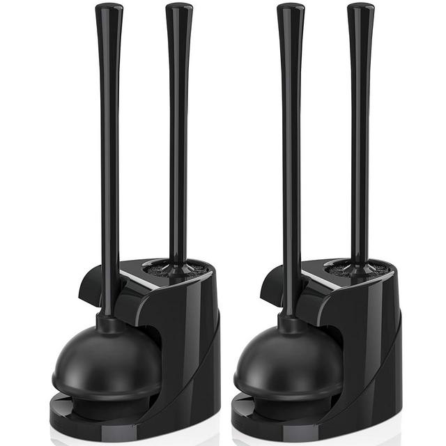 Toilet Plunger and Brush, Bowl Brush and Heavy Duty Toilet Plunger Set with Ventilated Holder, 2-in-1 Bathroom Cleaning Combo with Modern Caddy Stand (Black, 2 Set)
