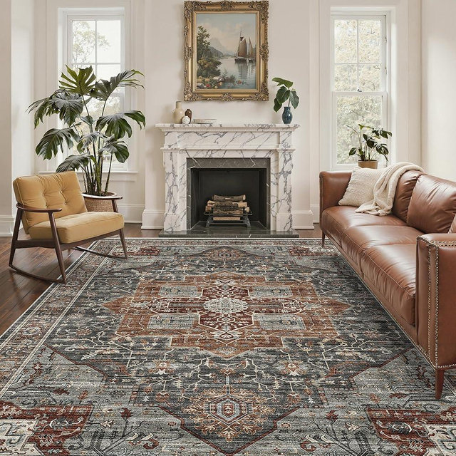 Roxstand 6x9 Rug, Stain Resistant Washable Area Rugs with Anti-Slip Backing, Vintage Large Bedroom, Living Room Rugs, Foldable Soft Rug (Grey/Brown/Tan, 6'x9')
