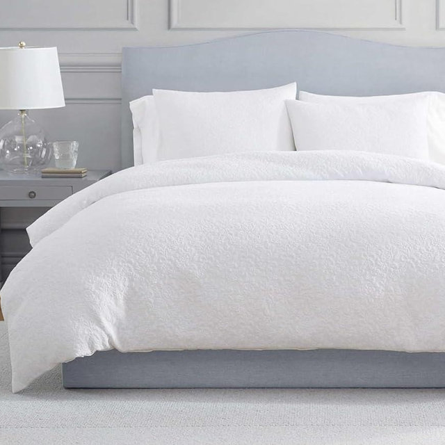 Martha Stewart - King Comforter Set, Naturally Soft Cotton-Rich Jacquard Bedding w/Matching Pillowcases, Textured 3 Piece Bed Set (Garden Trellis White)