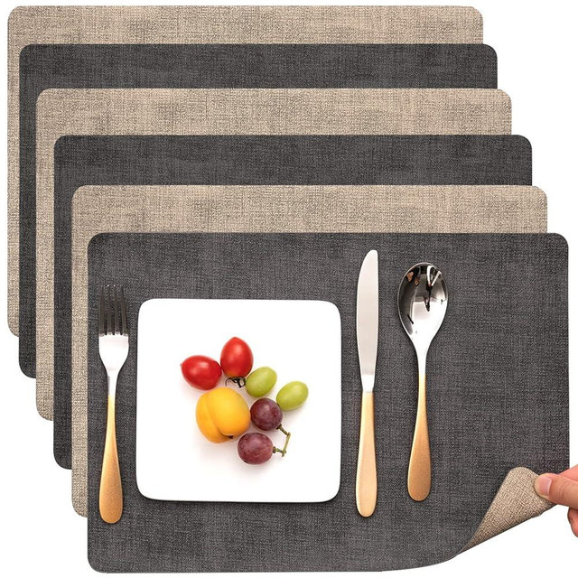Myir JUN Placemats Dual Sided, Faux Leather Place Mats Set of 6 Indoor Placemat for Dining Table Outdoor Place Mat Manteles Individuales Square Non-Slip Washable Table Mats (Gray Beige, Set of 6)