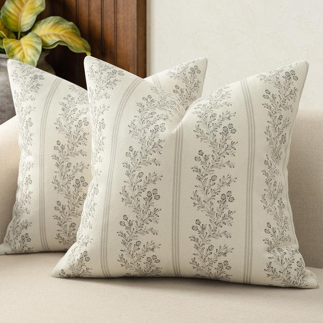 DKwizme Vintage Throw Pillow Covers 24x24 Set of 2, Striped Floral Pillow Cover Botanical Patterned Decorative Cushion Covers Modern Farmhouse Home Decor for Sofa Couch Bed Living Room, Light Taupe