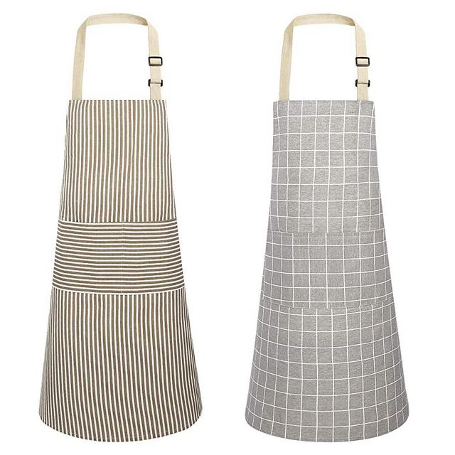 Joypea Cotton Linen Cooking Apron Waterproof Adjustable 2 Pack Kitchen Aprons (Checkered + Stripes)