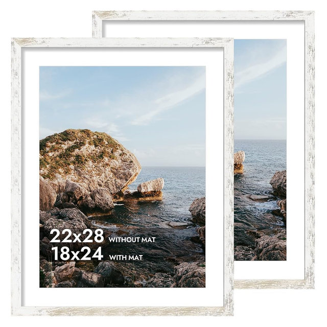 iRahmen 22x28 Poster Frame with 18x24 Mat - Plexiglass Wooden Picture Frames for Photo Wall Gallery Mounting (Distressed-White, Set of 2)