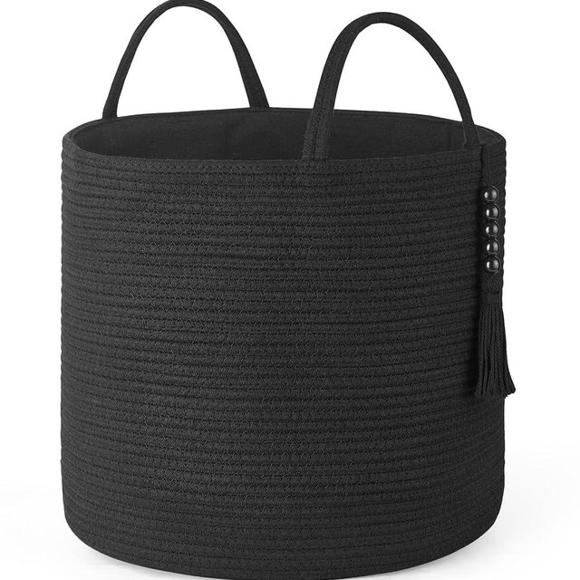 Mkono Woven Storage Basket Decorative Natural Rope Basket Wooden Bead Decoration for Blankets,Toys,Clothes,Shoes,Plant Organizer Bin with Handles Living Room Home Decor, 16"W×13.8"L, Black