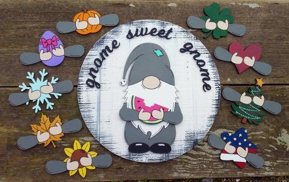 18" Interchangeable Painted Gnome Door Hanger / Gnome Sign / Take & Make Kit / Home Sign / Gnome Sweet Gnome / Wood Sign Kit