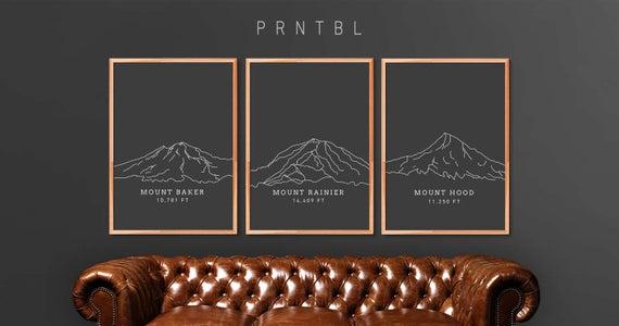 Mount Rainier, Mt Hood, Mt. Baker Bundle: Cascade Mountain Range. Seattle Washington. Portland Oregon. PNW Print. Modern Printable Artwork.