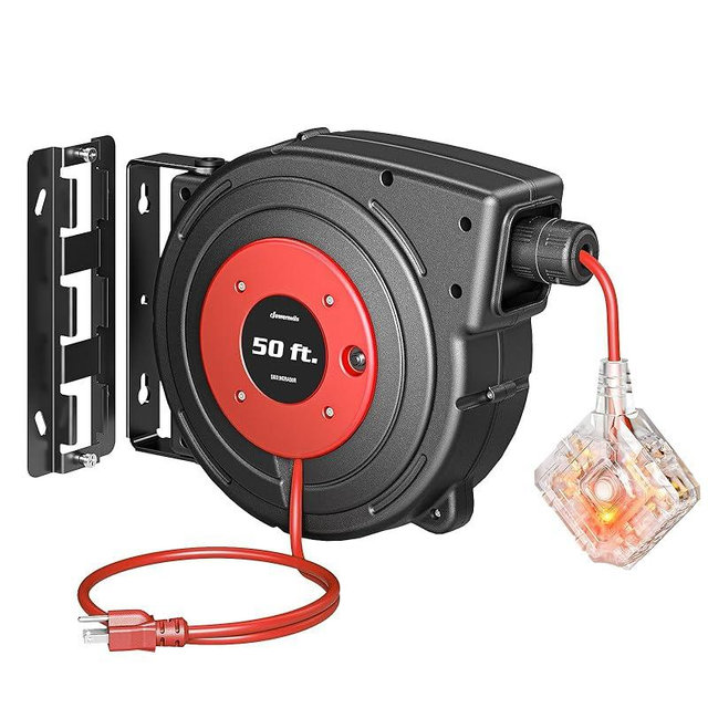 DEWENWILS 50FT Extension Cord Reel with 6 Grounded Outlets, Retractable Extension Cord Reel, 14/3C SJTOW, Twist-lock Stopper, 13A Circuit Breaker, Heavy Duty Power Cord, ETL Listed
