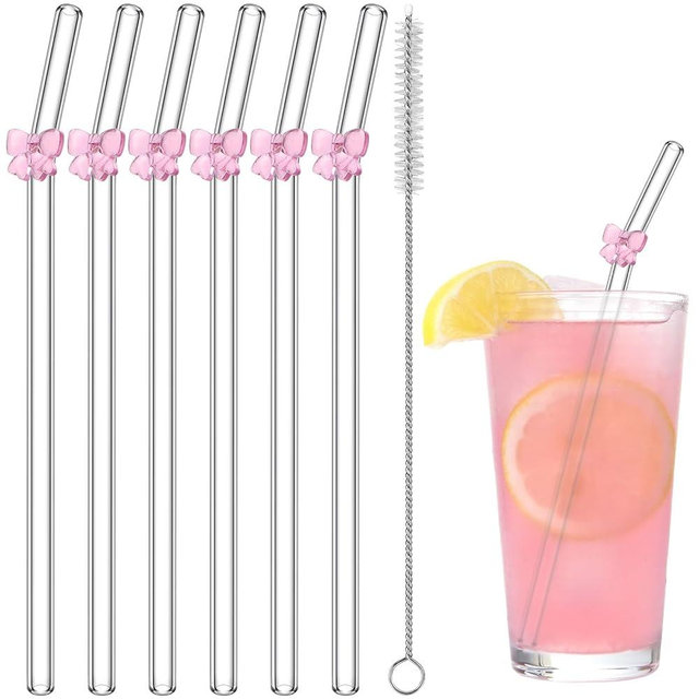 LOYIM 6 Pcs Reusable Glass Straws 7.9" x 6 mm with 1 Cleaning Brushes Pink Bow Glass Straws Shatter Resistant Straw for Coquette Bow Party Bachelorette Decor Bridal Drinkware(Pink)