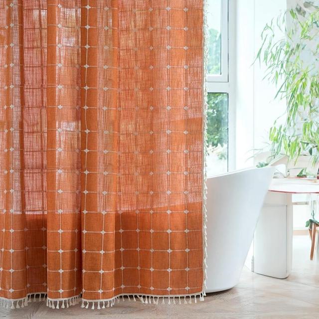 PICFREIM Boho Farmhouse Shower Curtain Orange Linen Fabric Shower Curtains for Bathroom Heavy Duty Square Embroidery Tassel Modern Bathroom Shower Curtain Set Waterproof, 72x72 Inch