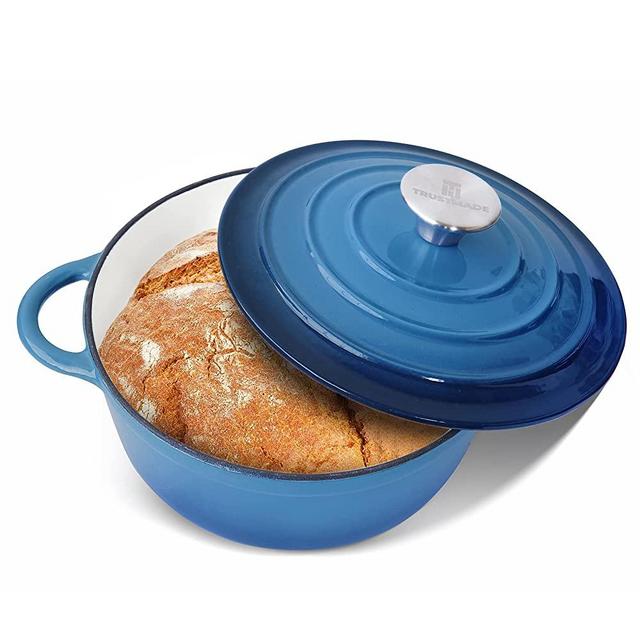Trustmade Cast Iron Dutch Oven, Enamel Coated Bread Baking Pot with Self Basting Lid, Ideal for Family (4.5QT, Blue)