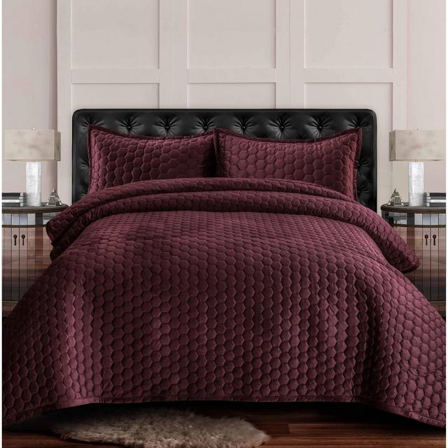 3pc King Lugano Honeycomb Velvet Oversized Solid Quilt Set Plum - Tribeca Living