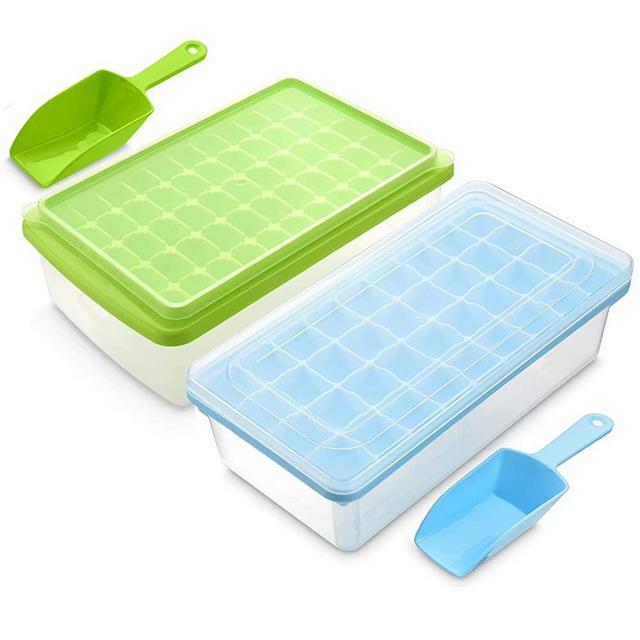 Ice Cube Trays Bundle | 36 Nugget Blue and 55 Nugget Green | Silicone Ice Tray For Freezer | With Lid and Bin | Comes with Ice Container, Scoop and Cover | Good Size Ice Bucket