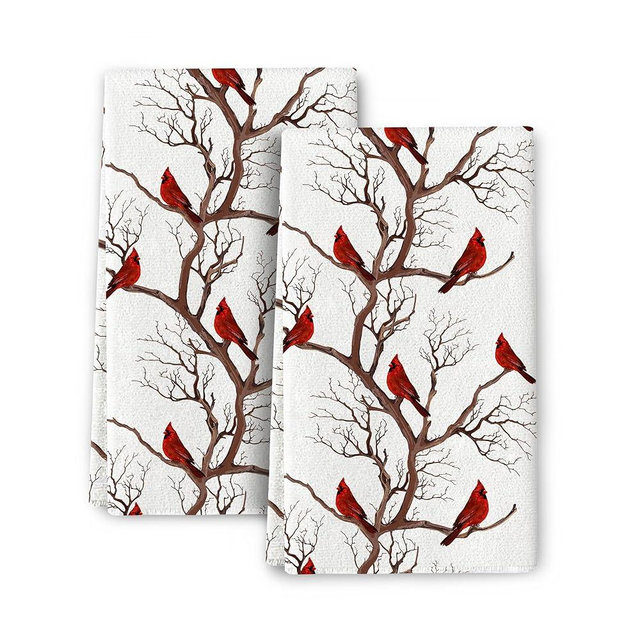 Cukemip Winter Birds Cardinal Christmas Decor Kitchen Dish Towels Set of 2, Ultra Soft Absorbent Tea Towels Hand Drying Baking Cooking Cloth for Kitchen Decor