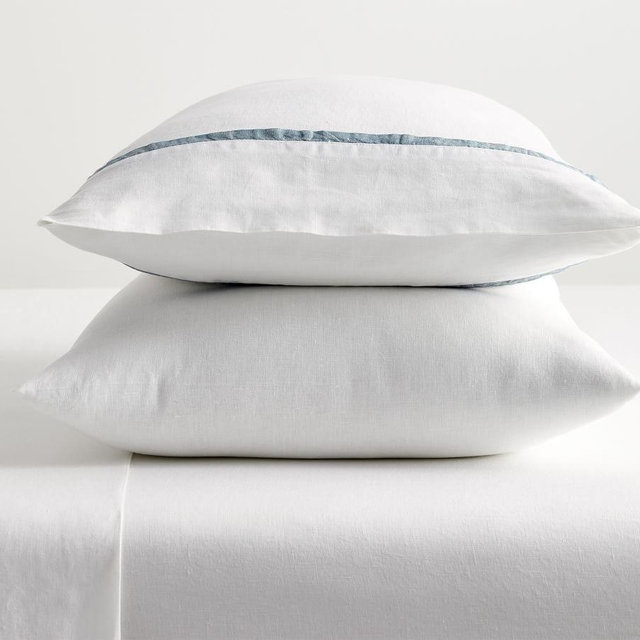 White/Chambray Belgian Linen Contrast Flange Pillowcases, King, Set of 2