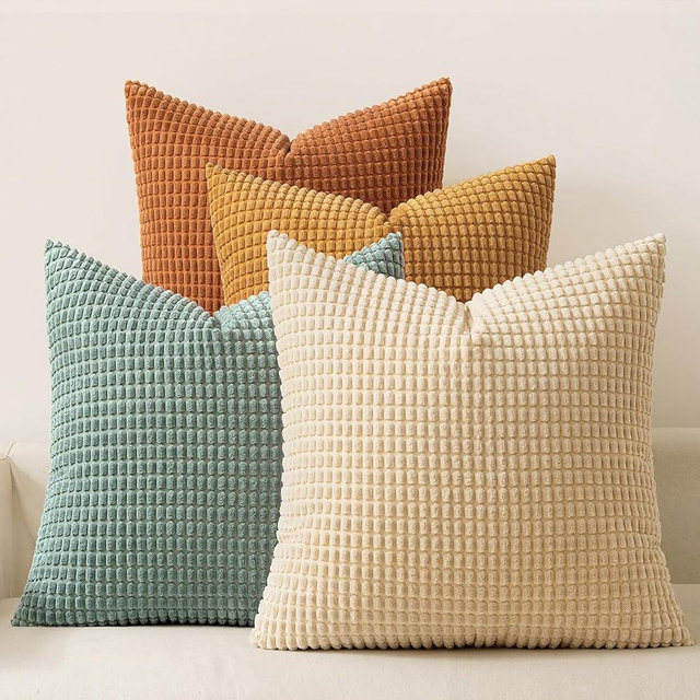 MIULEE Boho Farmhouse Decorative Pillow Covers 18x18 Inch Set of 4 Rustic Modern Fall Home Decor Couch Home Decor Couch Throw Pillows Summer Corduroy Pillowcases for Sofa Living Room Bed Orange/Teal