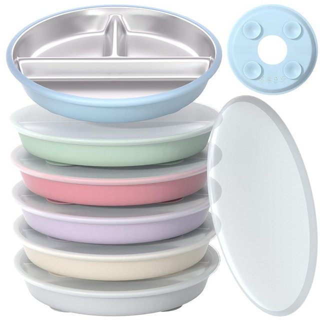 MEUIS Suction Toddler Plates Set with Lids - Divided Stainless Steel Kids Plates with Dividers Silicone Baby Dishes 7.8 inch (6 Pack Sets)