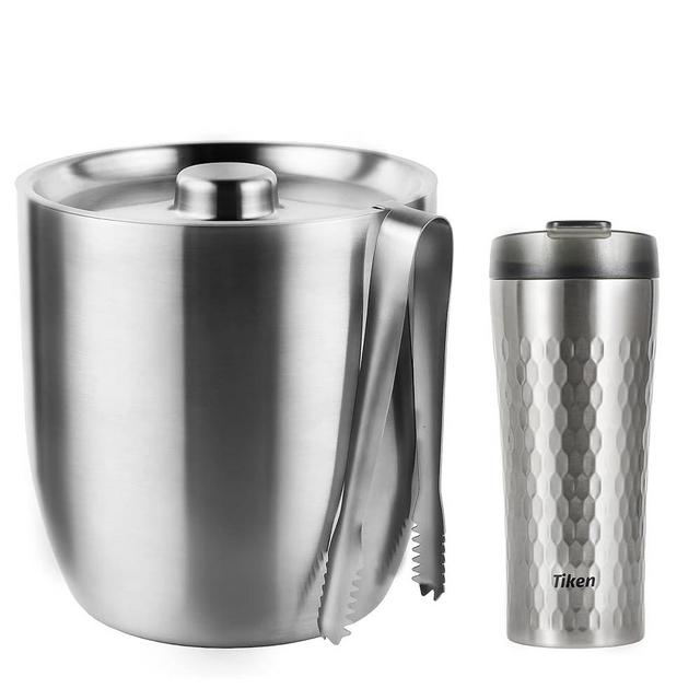 Tiken 3L Large Vacuum Insulated Ice Bucket with Lid & Tong, 16 Oz Insulated Tumbler