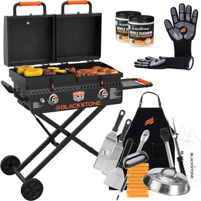17" Blackstone Grill and Griddle Tailgater on the Go Combo, Outdoor Flat Top Portable Grill, with Blackstone Accessories, Seasoning, Blackstone Gloves