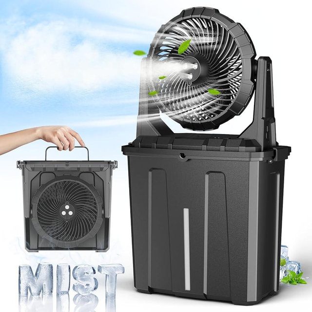 Ausic 9L Bucket Portable Misting Fan for Outdoors Patios, 20000mAh Rechargeable Battery Operated Camping Fan, 3 Strong Winds, 3 Large Spray Outlets, for Fishing/Travel/Garden Party/Golf/Tent/Office