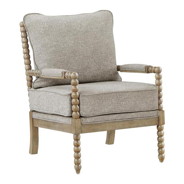 OSP Home Furnishings Fletcher Spindle Accent Chair with Rustic Brown Finish, Fog Beige Upholstery