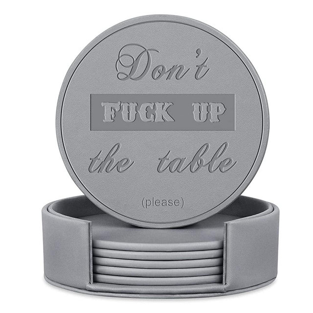 Funny Coasters, Thipoten 6 Pcs Leather Coasters with Holder, Perfect Housewarming Hostess Gifts, Protect Furniture from Water Marks Scratch and Damage(6Pcs, Grey)