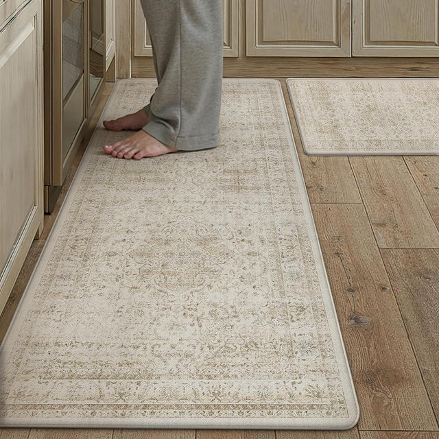 WondRg Vintage Kitchen Mats for Floor Anti Fatigue Waterproof Kitchen Rugs Sets of 2 Beige Cushioned Non-Slip Kitchen Mats Comfort Standing Mat for Sink Laundry Office 17.3"×47"+17.3"×30"