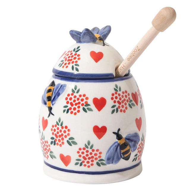 ZOOBEE Ceramic Honey Pot with Dipper and Lid, 10oz Microwave-safe Honey Container, Lead-Free Honey Dispenser for Kitchen-Crazy Love
