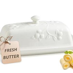White Butter Dish with Lid for Countertop, Ceramic Butter Dish with Knob Handle, Large Butter Holder Container for East West Coast Butter Storage, Cherry
