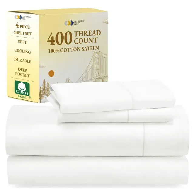 Off-white Full Size Sheet Set - 100% Cotton 400 Thread Count, Sateen Weave Soft Sheets, Deep Pocket 4 Piece Bedding - California Design Den