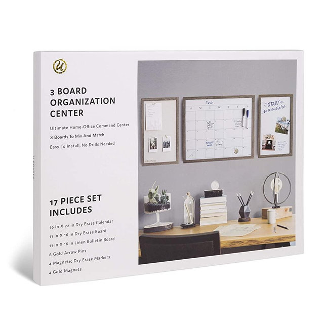 U Brands 3 Board Wall Organization Center, Rustic Wood Frame, Magnetic Dry Erase Boards, Magnets, Pins and Markers Included