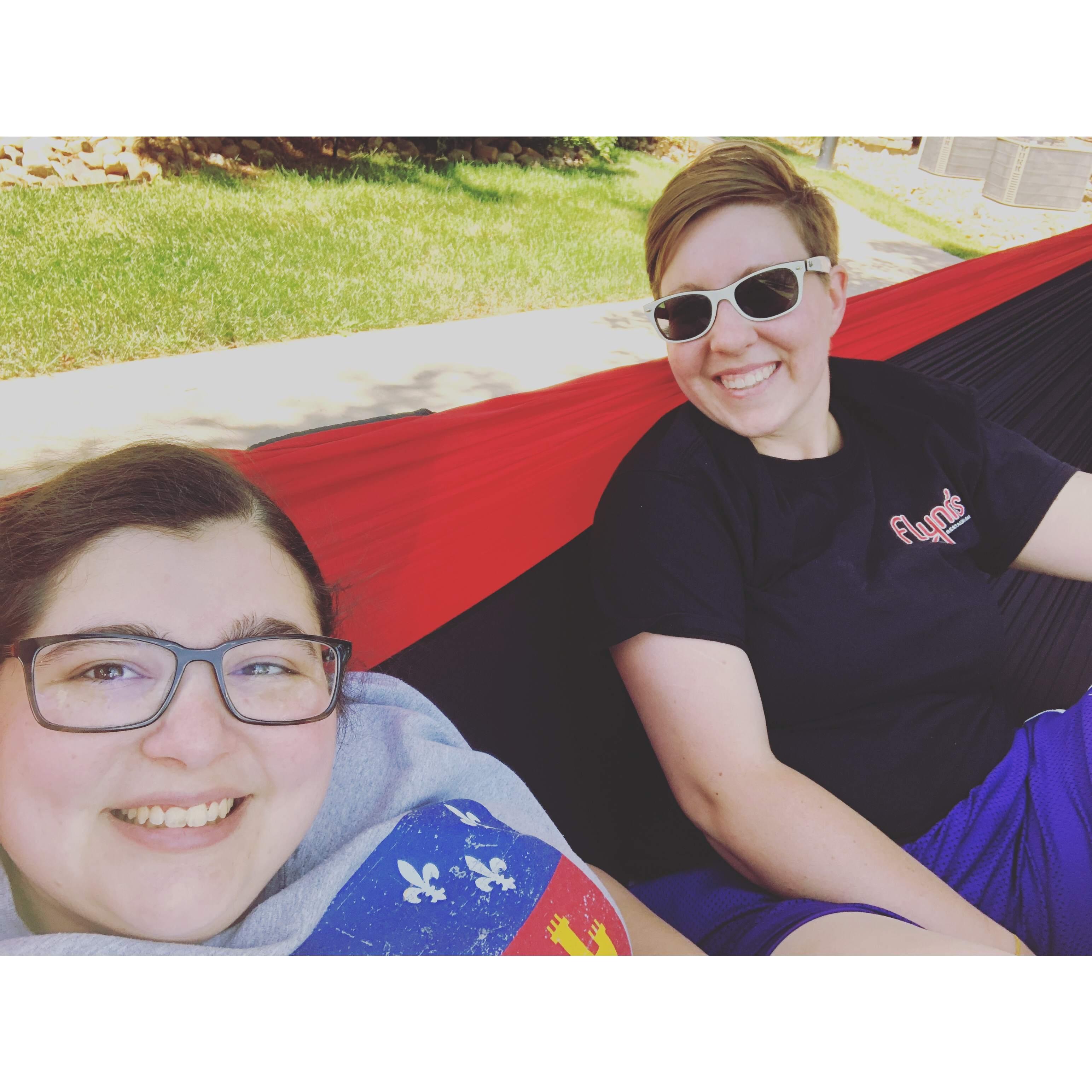 Emmie: We enjoy spending time outside in the hammock. There are two trees right outside our condo that is perfect for tying up and hanging out.