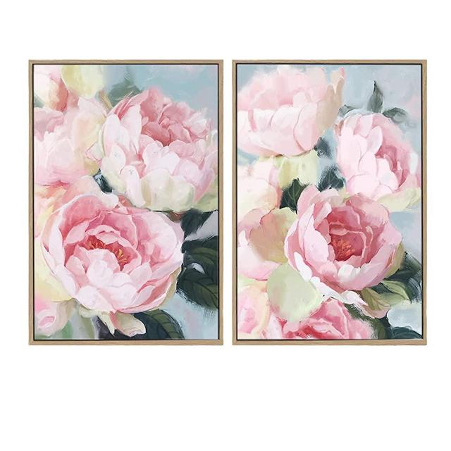 Pink Floral Wall Art Set - Pink Flower Canvas Wall Decor Pastel Peony Bouquets Artwork with Texture for Bedroom Kitchen Living Room Office Decor, 16" x 24" x 2