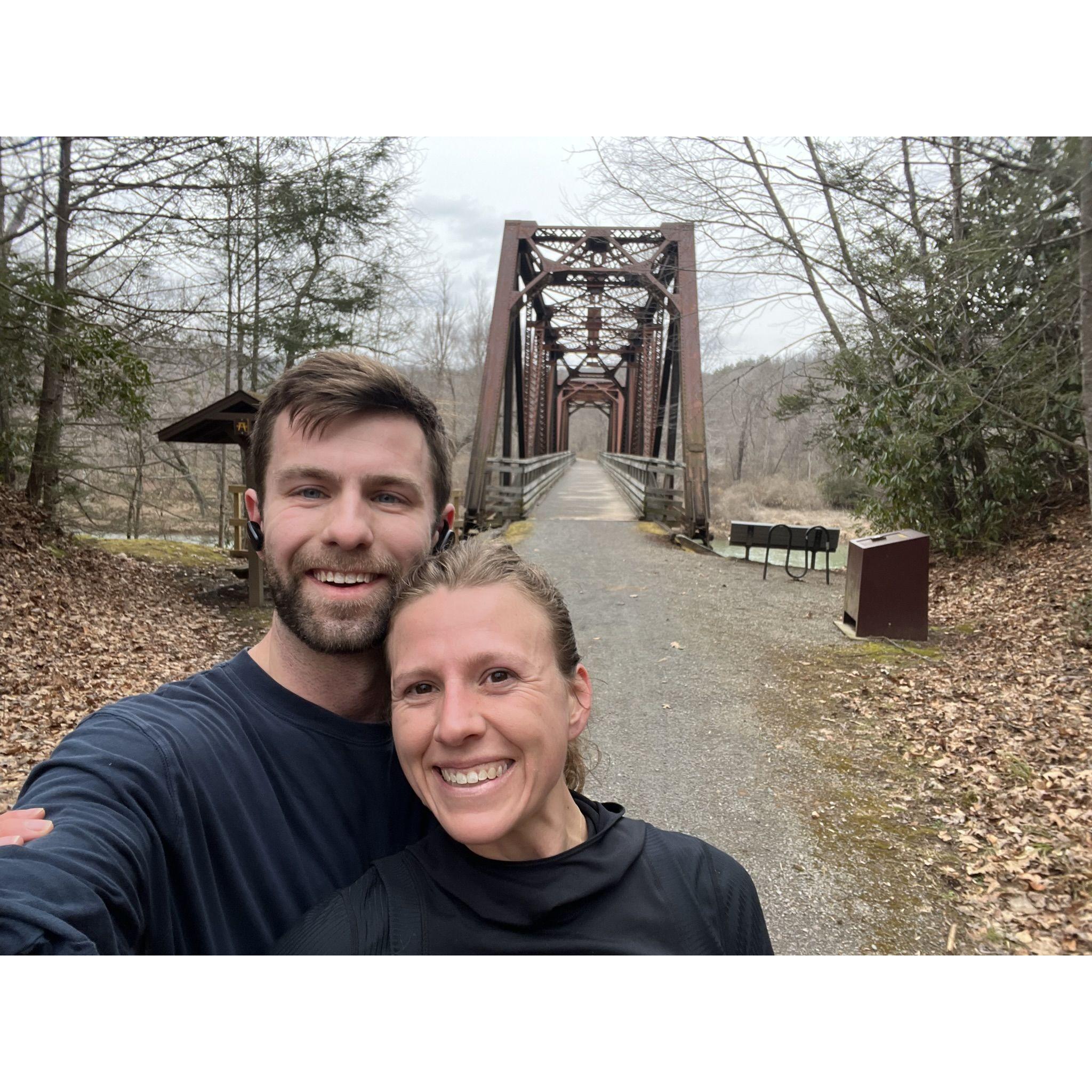 We took this about 10 minutes after we were threatened by a pack of angry dogs on a trail in West Virginia. Can you see the panic on our face?
