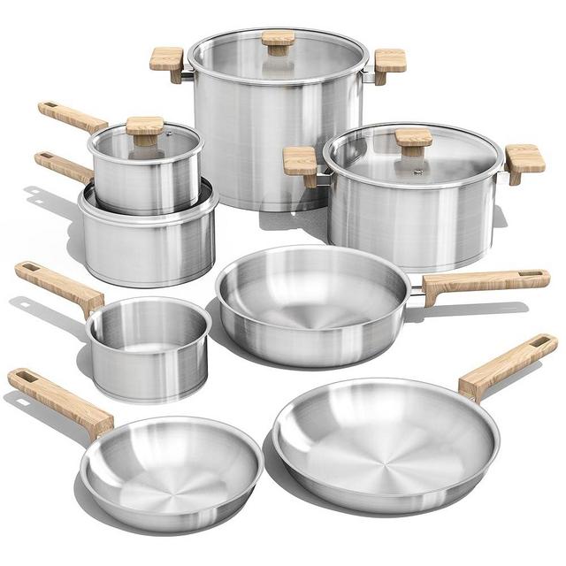 CAROTE 12 Pcs Stainless Steel Cookware Set, Stainless Steel Pots and Pans Set with Tempered Glass Lids, Induction Kitchen Cookware Sets with Stay-Cool Handles,Includes Stockpot, Silver