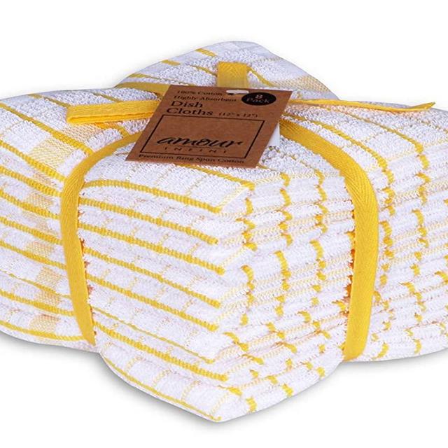 AMOUR INFINI Grid Terry Dish Cloth | Set of 8 | 12 x 12 Inches | Low Lint, Super Soft and Absorbent |100% Cotton Dish Rags | Perfect for Household and Commercial Uses | Yellow
