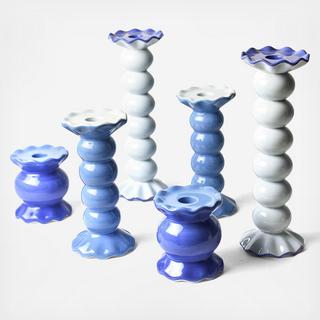 Iris Blue Ruffle Knobbed 6-Piece Candle Holder Set
