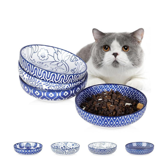 Selamica Ceramic Cat Food Bowls Set of 4, 5.6 Inch Wide Shallow Cat Bowls/Dishes for Food and Water, 8 OZ Small Flat Cat Feeding Bowls for Relief Whisker Fatigue, Dishwasher Safe, Vintage Blue