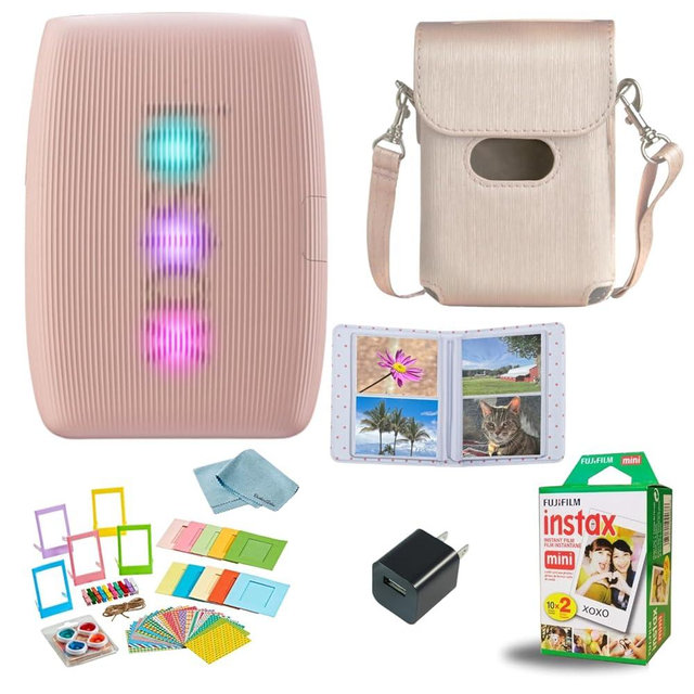 Fujifilm INSTAX Mini Link 3 Smartphone Printer + INSTAX Mini Instant Film (20 Sheets) + USB Wall Charger + BluebirdSales Travel Bag, Photo Album, Microfiber Cleaning Cloth (Rose Pink)