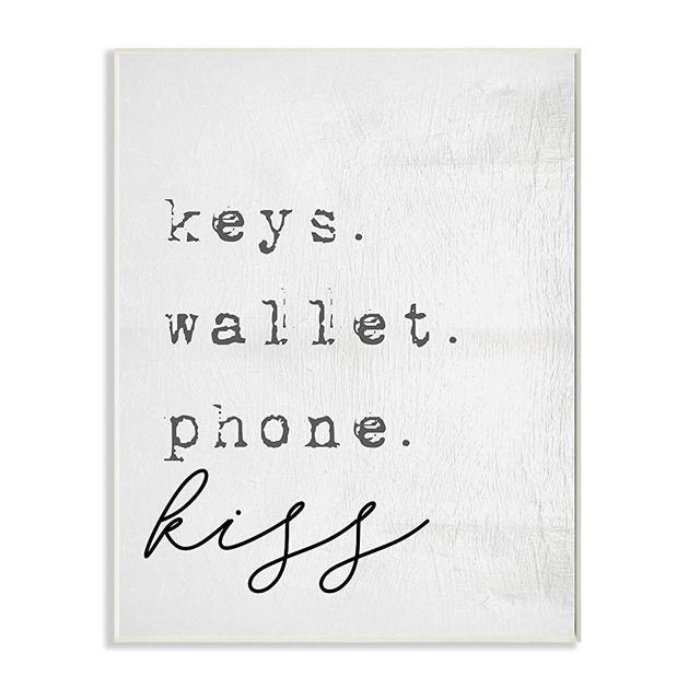 Stupell Industries Keys Wallet Phone Kiss Phrase Distressed Typewriter, Designed by Daphne Polselli Wall Plaque, 10 x 15, Off- White