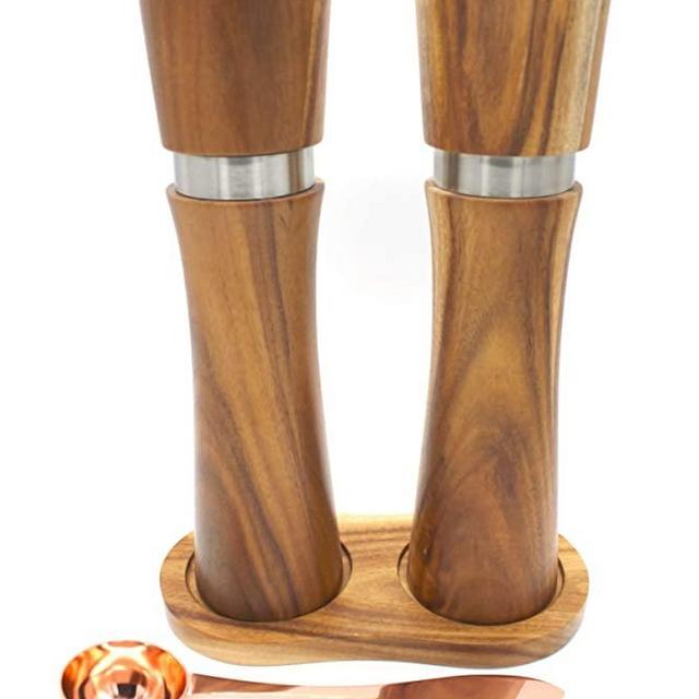 Wooden Salt and Pepper Grinder Set, Manual Acadia Wood Pepper Mill and Salt Grinder with Wood Tray, Rose Gold Scoop, Cleaning Brush, Funnel, 8in Salt and Pepper Gift Set of 2