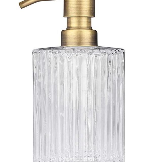 Parisian Clear Fluted Glass Soap Dispenser Bathroom Refillable Lotion Dispenser Suitable for Kitchen Hand Soap Dispenser (Farmhouse Brass)