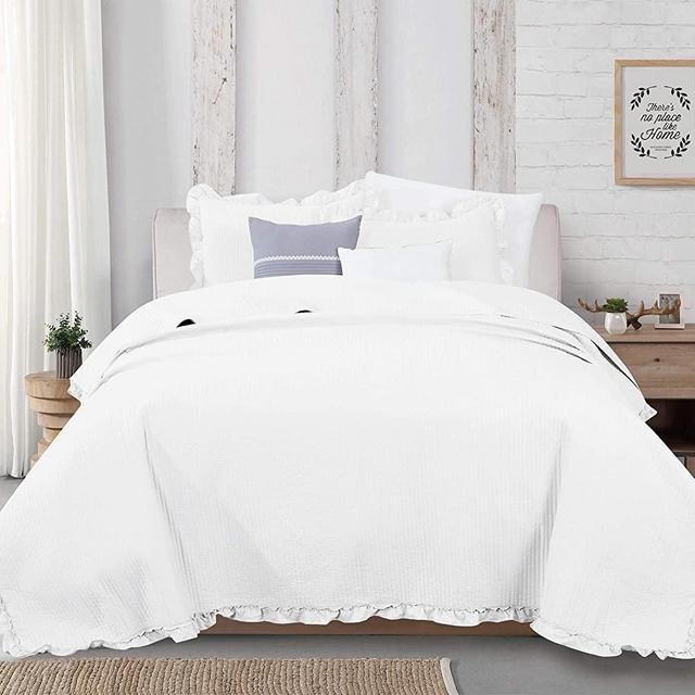 3-Piece Ruffle Skirt Quilt Set with Shams. Channel Stitch King Quilt Set, All Season Bedspread Quilt Set, Azalea Collection (King, White)