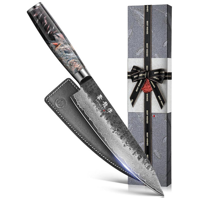 Japanese Chef Knife, 8 Inch Damascus Kitchen Knife with VG10 Steel Core, Professional Black Forged Kitchen Knives with Ergonomic Handle, Leather Sheath & Luxurious Gift Box, Mothers Day Gifts for Mom