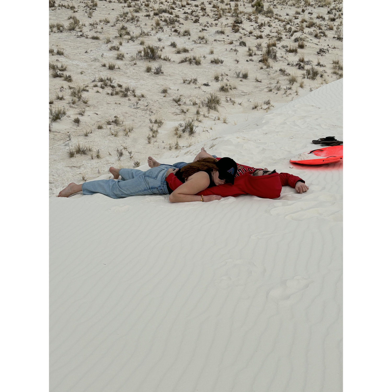 Us exhausted after running around White Sands National Park.