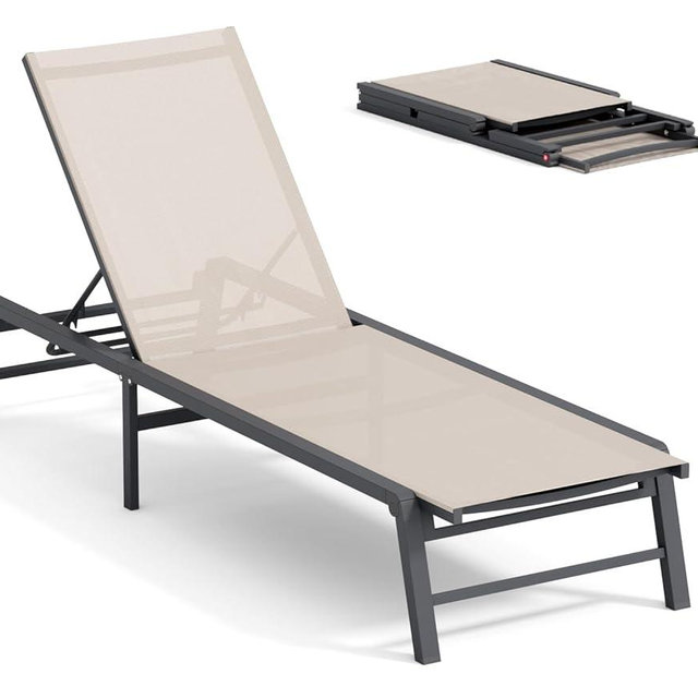 FHVIT Aluminum Chaise Lounge Chair Outdoor, Foldable Patio Lounge Chair Assemble-Free, Pool Lounge Chairs with 5 Adjustable Backrest, Outdoor Lounge Chairs for Outside Poolside Beach Lawn Beige