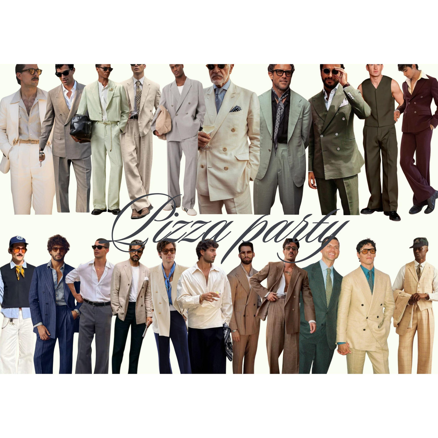 Tailored suits or separates in light fabrics, styled with intention. Think unexpected combinations, fresh proportions, and thoughtful accessories: scarves, jewelry, sunglasses, or bold shoes.