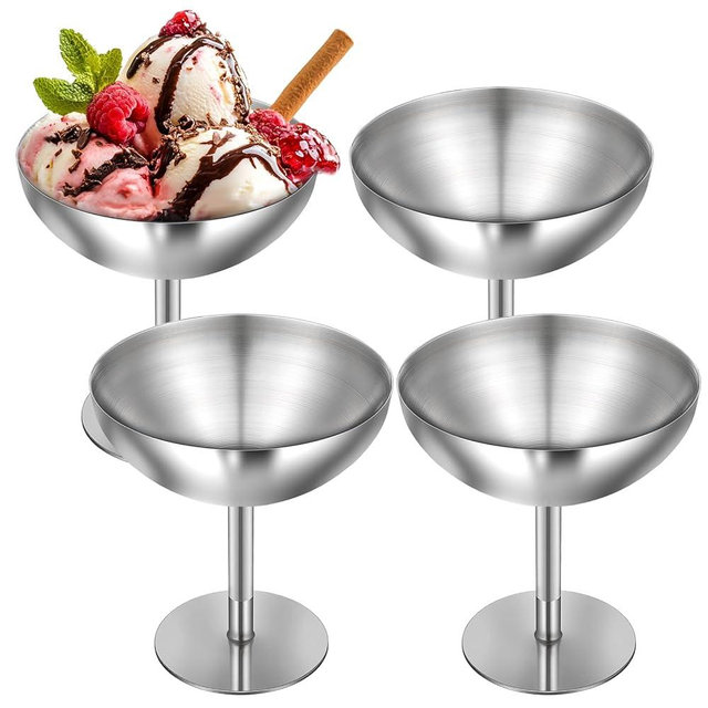 Exclaith 4Pcs Stainless Steel Dessert Cup, Ice Cream Footed Bowls, Stainless Steel Serving Desserts Bowls Cups Sauce Bowl for Dessert Cups Sundae Fruit Snack Party