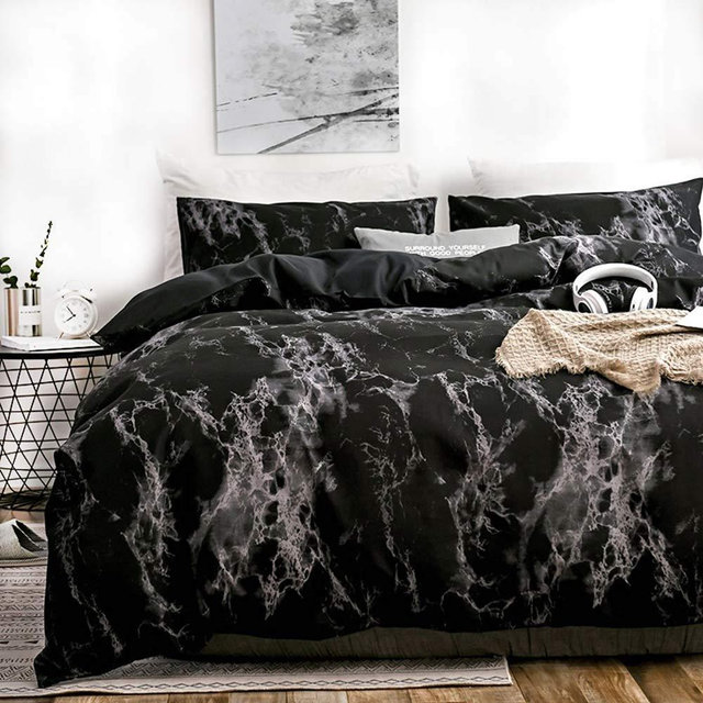 Nanko Bedding Queen Duvet Cover Set Dark Black Marble, 3 Piece - 1000 - TC Luxury Microfiber Quilt Cover with Zipper Closure, Ties - Organic Modern Style for Men and Women