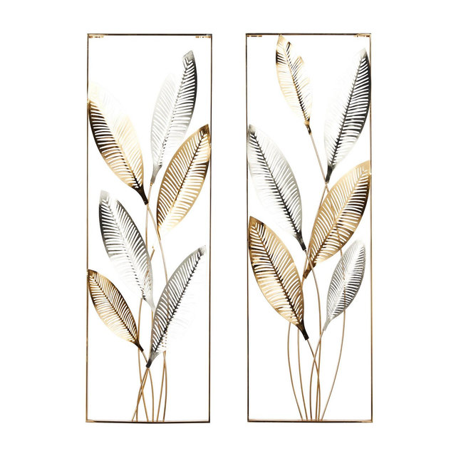 Rosemary Lane Gold Metal Metallic Cutout Leaf Wall Décor with Silver Accents Set of 2 14"W, 36"H
